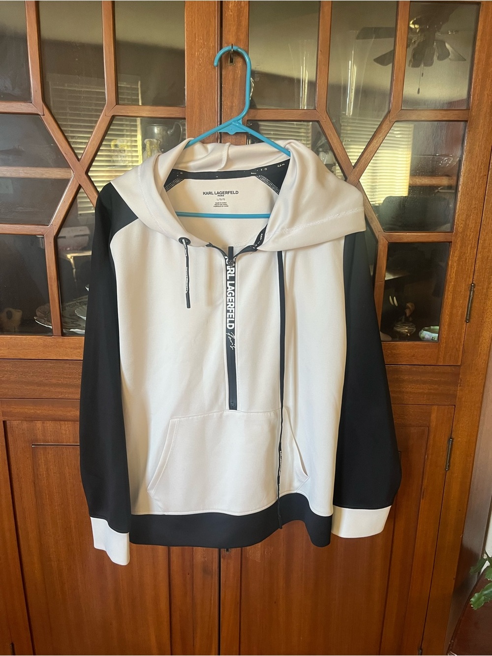 Karl Lagerfeld White and Black Half-Zip Hooded